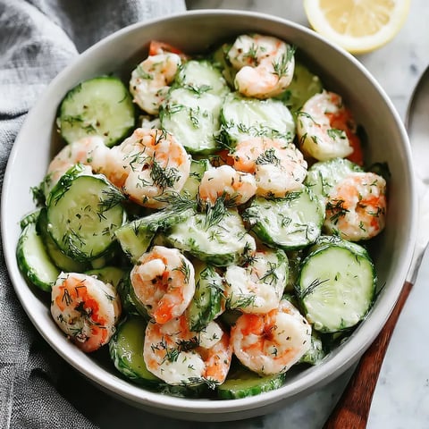 A bowl of shrimp and cucumber salad.