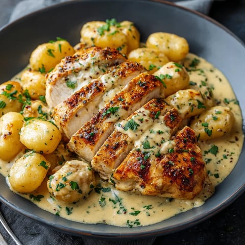 A plate of Asiago chicken and gnocchi.