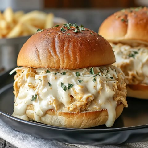 Two chicken alfredo sloppy joes on a plate.