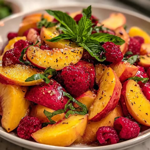 A bowl of fruit salad with peaches, raspberries, and mint.