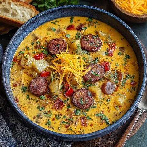 A bowl of Cajun Potato Soup with sausage and cheese on top.