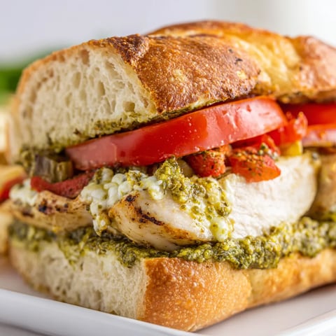 A chicken pesto sandwich on a white plate.