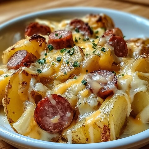 A plate of cheesy ranch potatoes and smoked sausage.