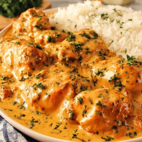 A plate of creamy smothered chicken and rice.