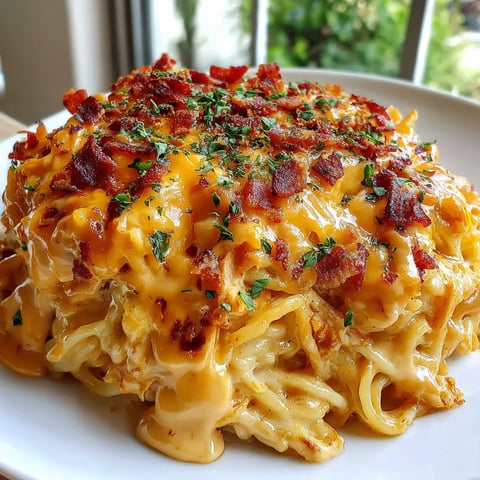 A plate of spaghetti with bacon and cheese.