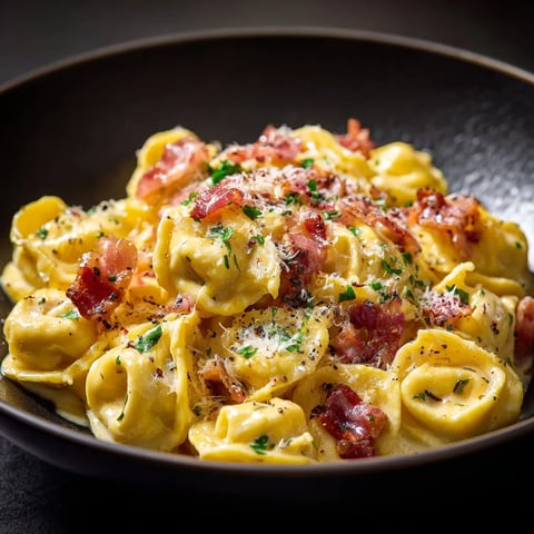 A bowl of creamy tortellini carbonara.