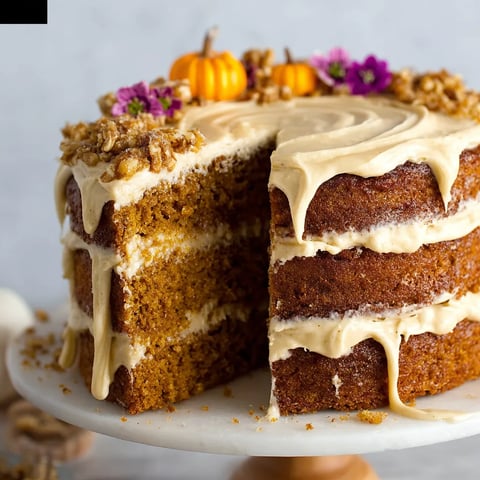 A slice of pumpkin spice cake with brown butter frosting.