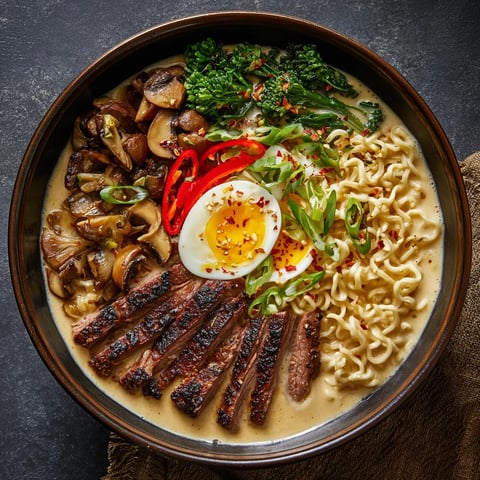 A bowl of Korean Ramen with grilled beef and creamy sauce.