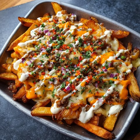 A plate of dirty fries with cheese and onions.