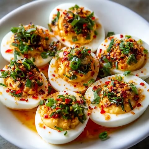 A plate of spicy chili garlic deviled eggs.