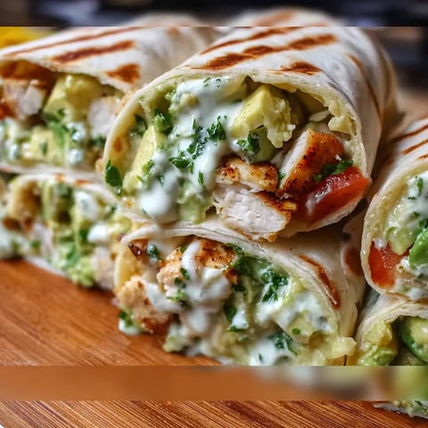 A burrito filled with chicken and avocado.