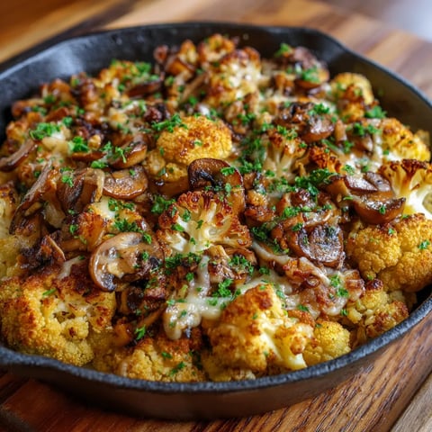 A skillet with a delicious meal of garlic, cauliflower, and mushrooms.