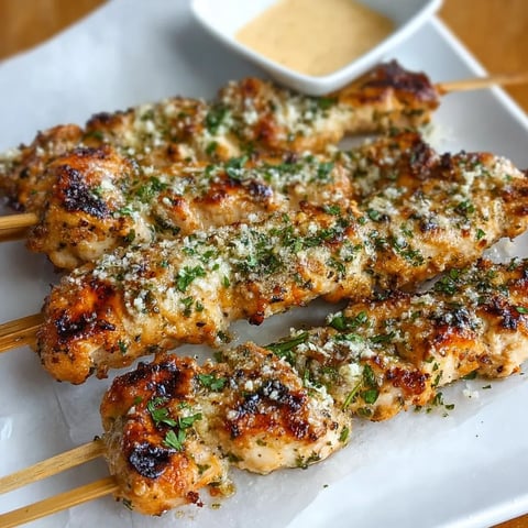 A plate of chicken skewers with garlic and Parmesan cheese.