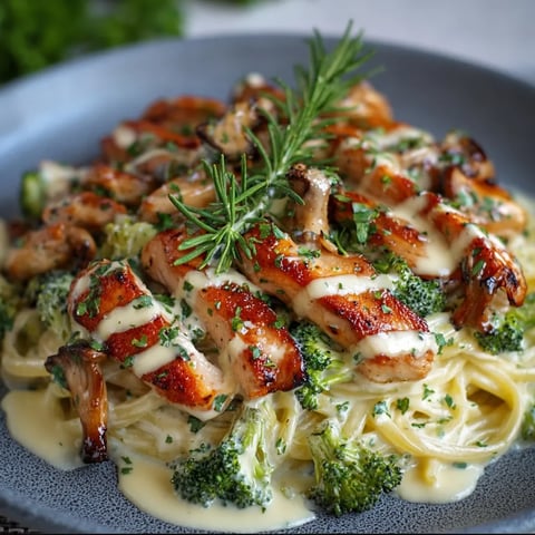 A plate of chicken with broccoli and creamy oyster mushroom sauce.