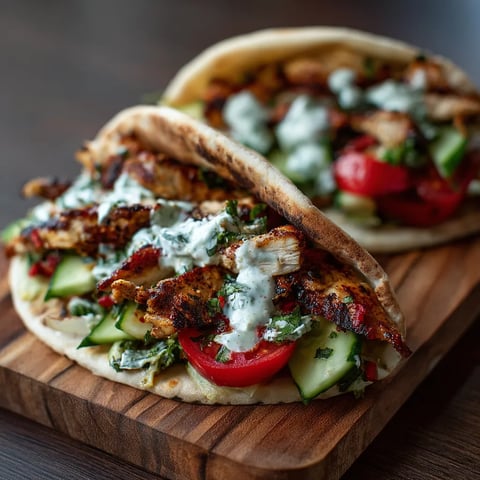 A gyro with chicken, tomatoes, and cucumbers.