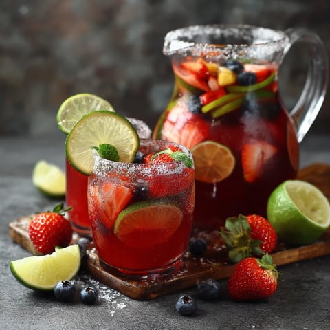 Two glasses of fruit margarita punch are on a table.