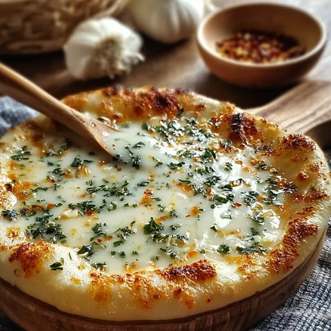 A bowl of garlic sauce sits on a table next to a pizza.