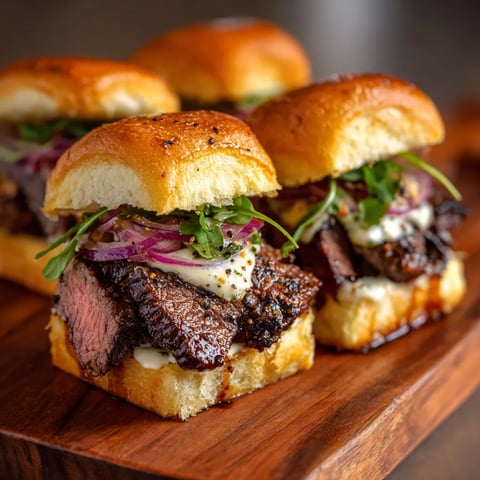 Three cowboy butter steak sliders on a wooden platter.
