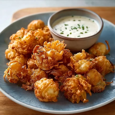 A plate of mini blooming onion crunch bites with a creamy herb dip.