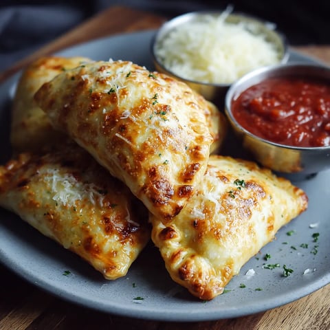 A plate of cheesy pizza pockets.