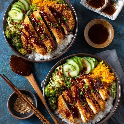 Two bowls of Japanese katsu with rice and vegetables.