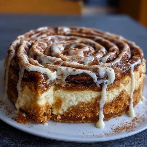 A cinnamon roll cheesecake on a plate.