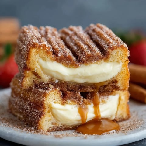 A slice of churro cheesecake with caramel drizzle.