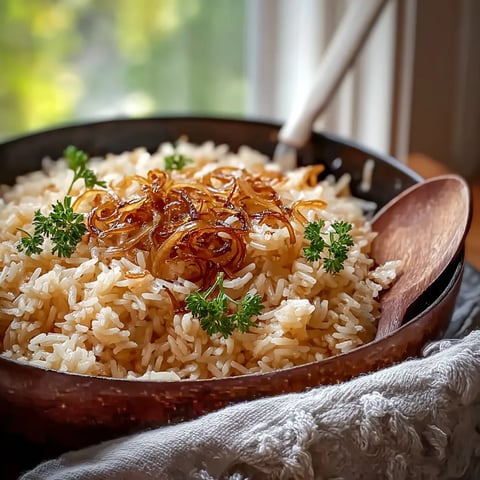 A bowl of rice with onions and herbs.