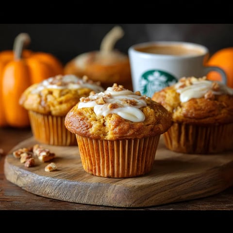 Three Starbucks Pumpkin Cream Cheese Muffins on a wooden tray.