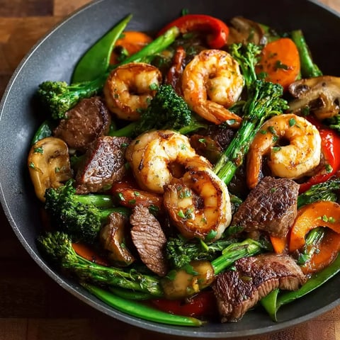 A bowl of steak and shrimp stir fry.