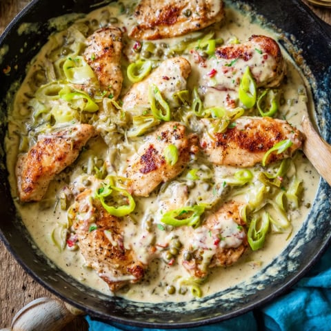 A skillet filled with chicken and peppers.
