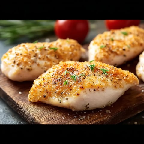 A piece of chicken breast with seasoning on a wooden cutting board.