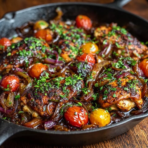 A pan of chicken with tomatoes and onions.