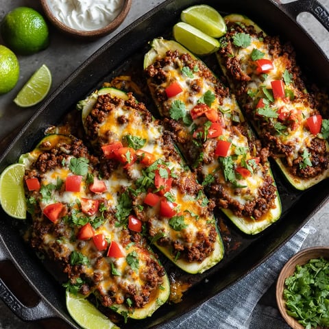 A pan of ground beef zucchini boats.