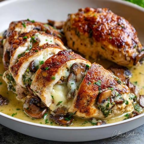 A plate of stuffed chicken with mushrooms and garlic butter.