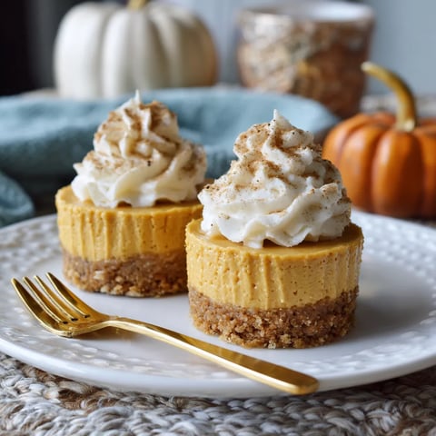 Two mini cheesecakes with pumpkin and whipped cream toppings.