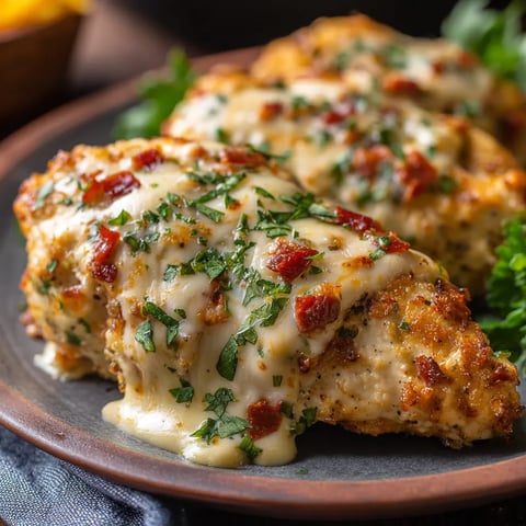 A plate of chicken covered in cheese and peppers.