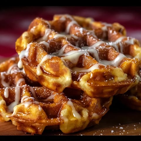 A stack of waffle donuts with icing.