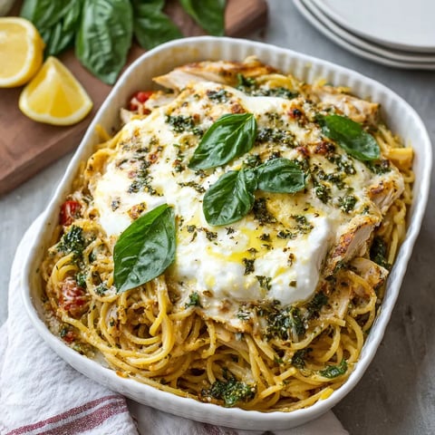 A dish of chicken spaghetti with burrata and lemon butter garlic sauce.