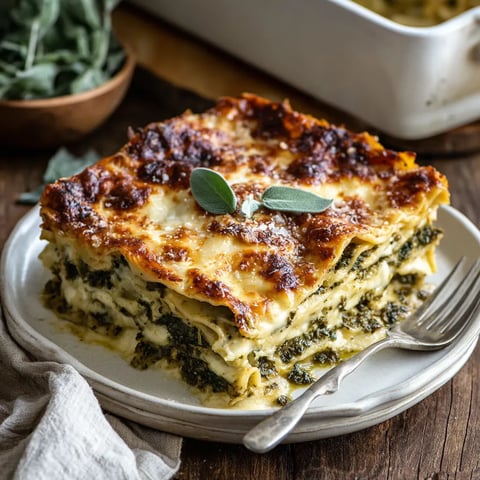 A slice of cheese sage pesto florentine lasagna.