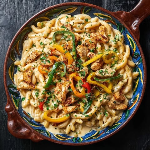 A bowl of pasta with chicken and peppers.