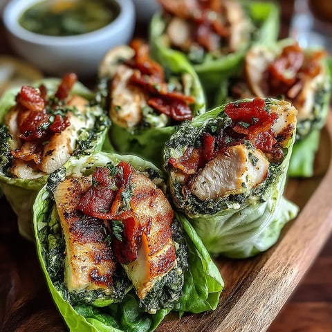 A plate of pesto chicken lettuce wraps.