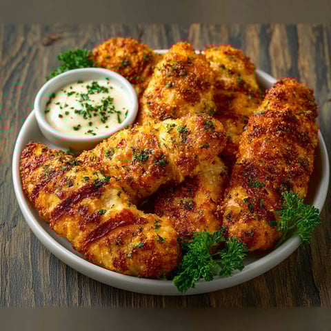 A plate of chicken tenders with a dipping sauce.